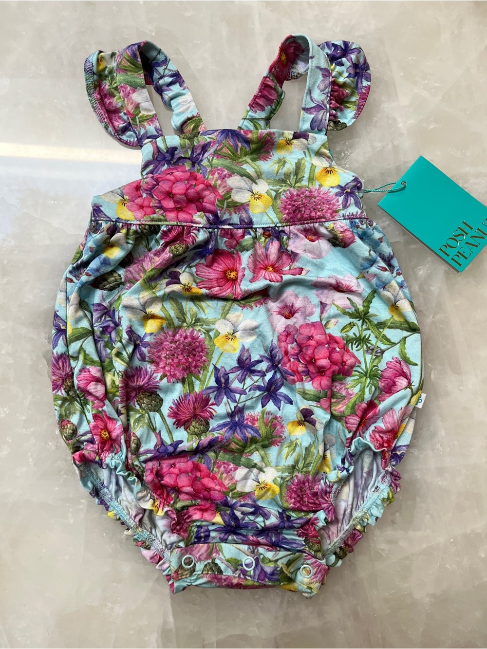 Posh Peanut Floral Ruffle-Shoulder Baby Romper - Blue Multi